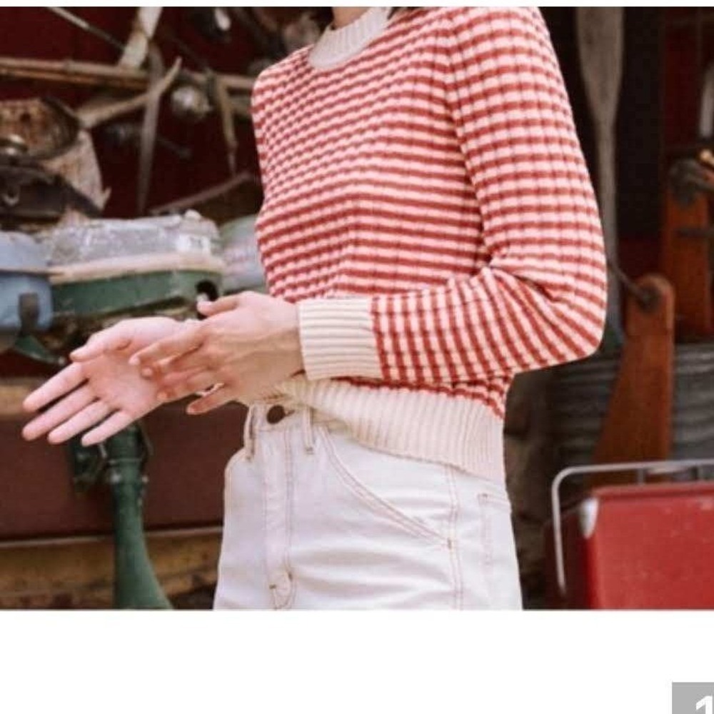 THE GREAT.‎ The Mini Striped Pullover Sweater Red Cream Ribbed Cotton Blend Sz 1 - Picture 13 of 14